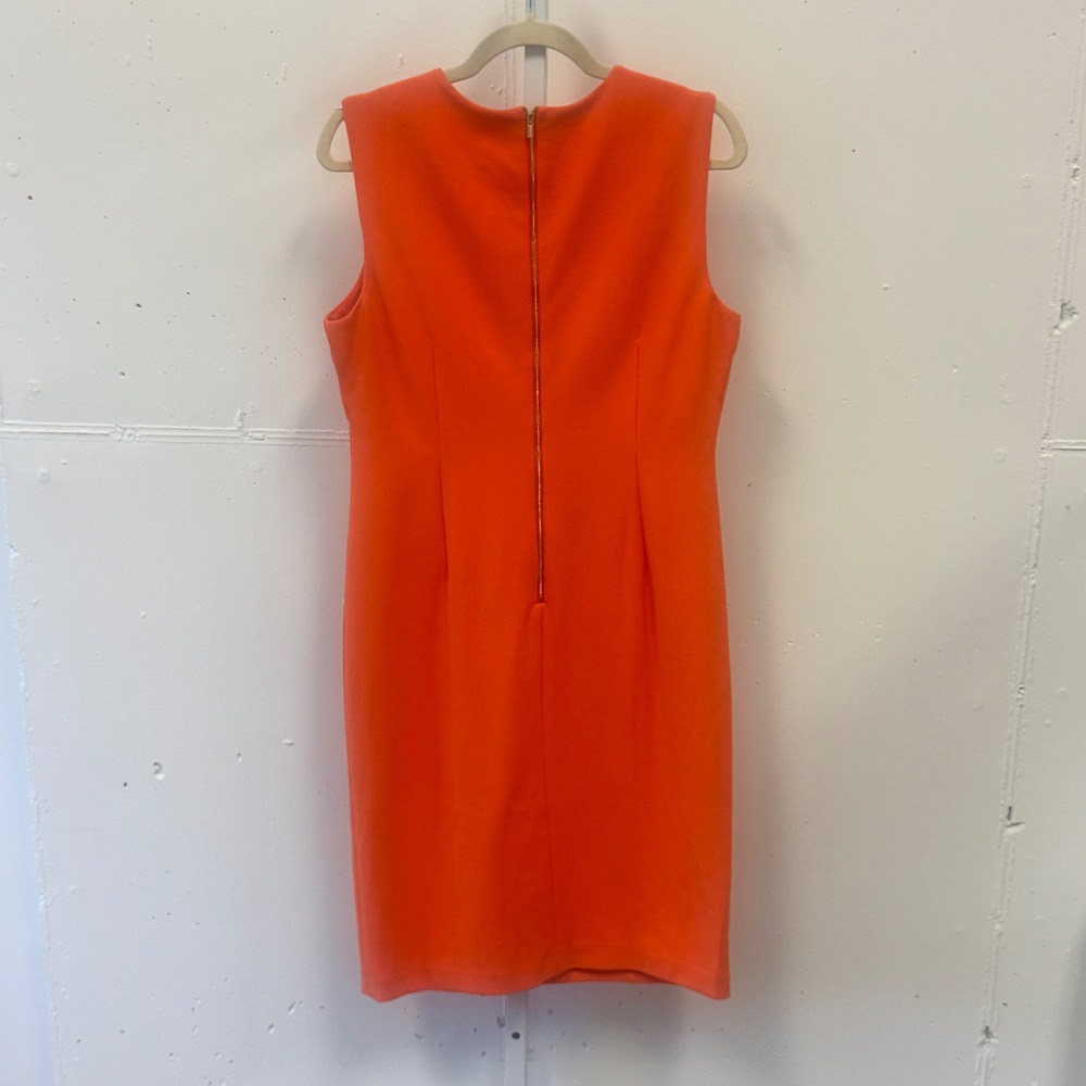 NWT Calvin Klein Orange Sleeveless Sheath Dress Gold Cutout Neck CD7C193Y Sz 12 - Picture 2 of 8